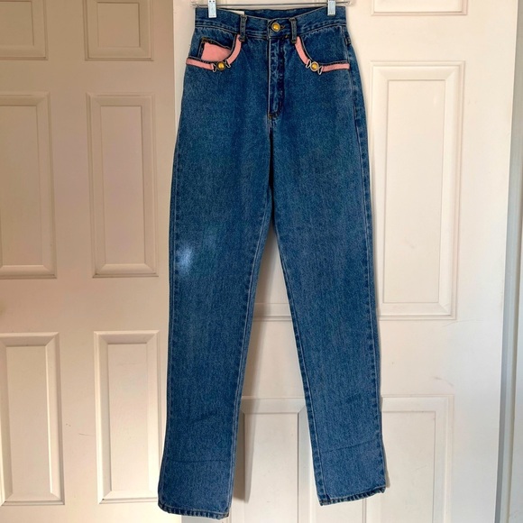 Vintage Cache High Waisted Blue Jeans with Pink Leather Accents 6 - Picture 7 of 16